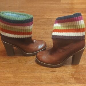 Coach Brown Heeled Boots with Multicolor Knit Cuff